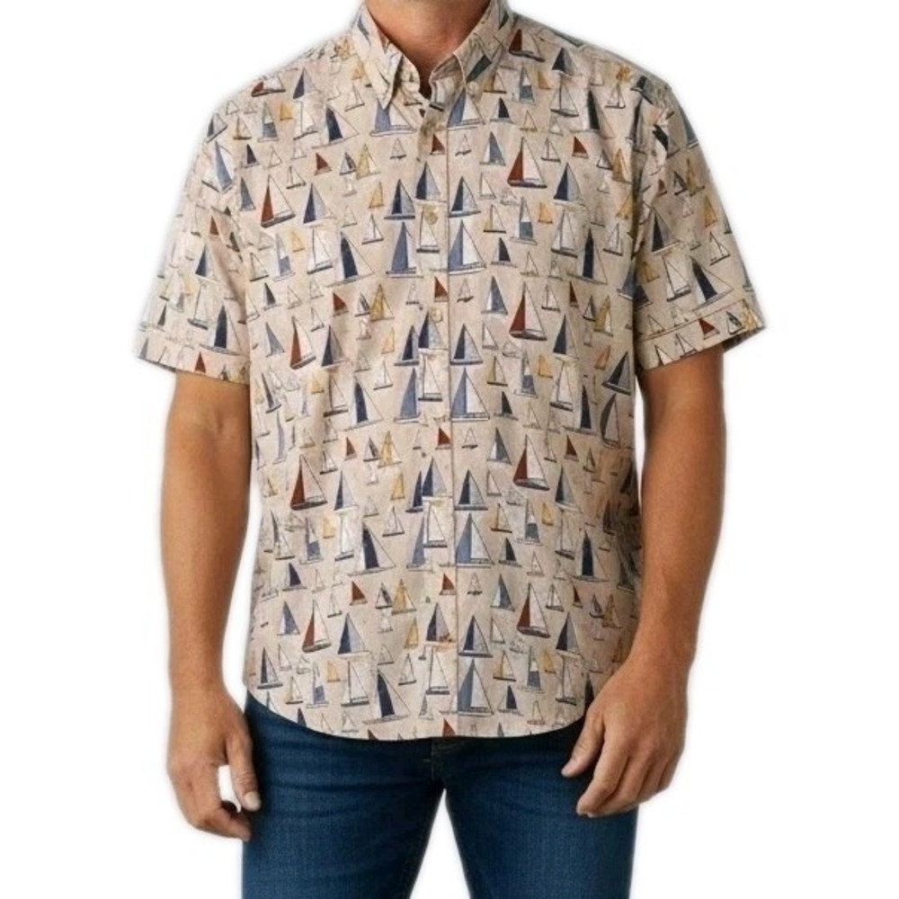 Nautical Dinner Shirt Men Sz XXL Tan Blue Cotton Short Sleeve Sail Boat Tropical